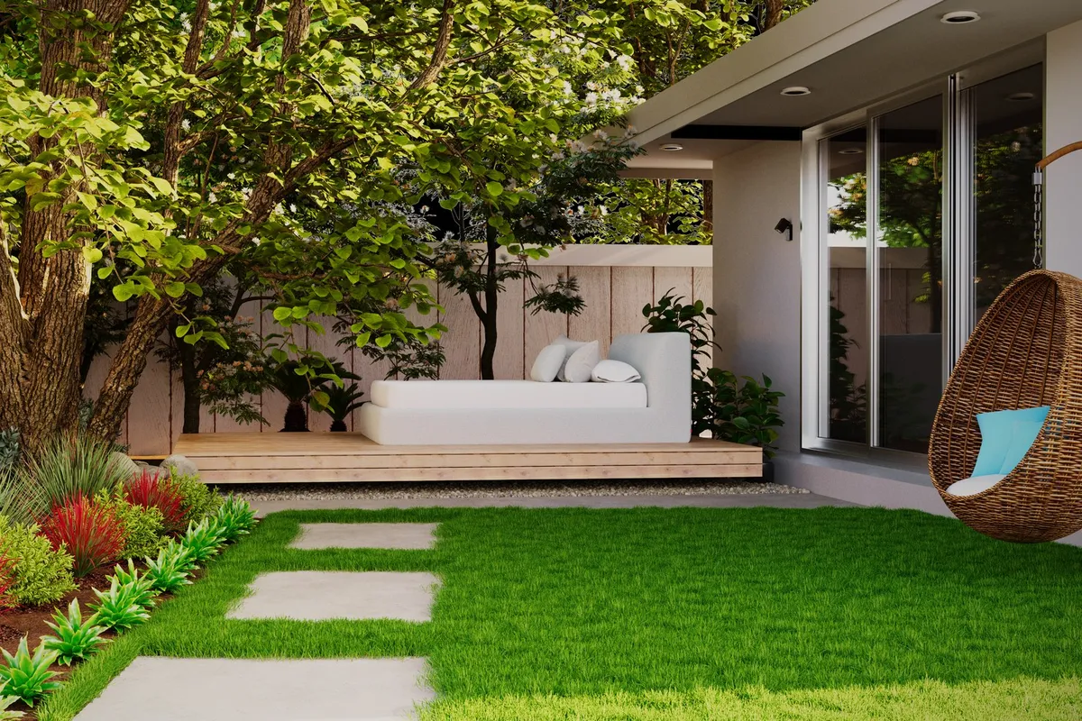 A peaceful outdoor patio with a garden, wooden deck, and hammock seating, perfect for inspiring unique web design.