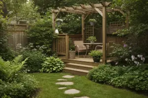 A cozy backyard patio with a pergola and lush garden plants, reflecting a welcoming atmosphere for local businesses.