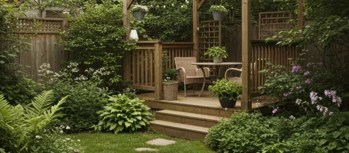A cozy backyard patio with a pergola and lush garden plants, reflecting a welcoming atmosphere for local businesses.